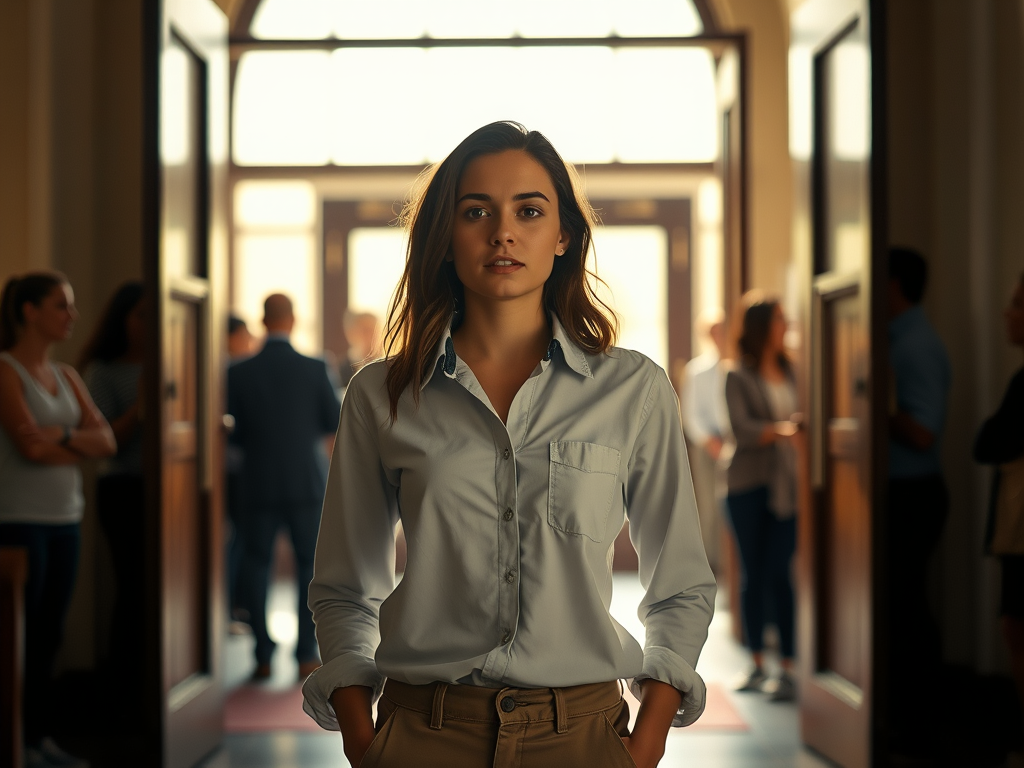 Une jeune femme se tient debout dans l'entrée d'une église, regardant droit devant elle avec une expression sérieuse. En arrière-plan, un groupe de personnes discute et interagit, créant une atmosphère accueillante.